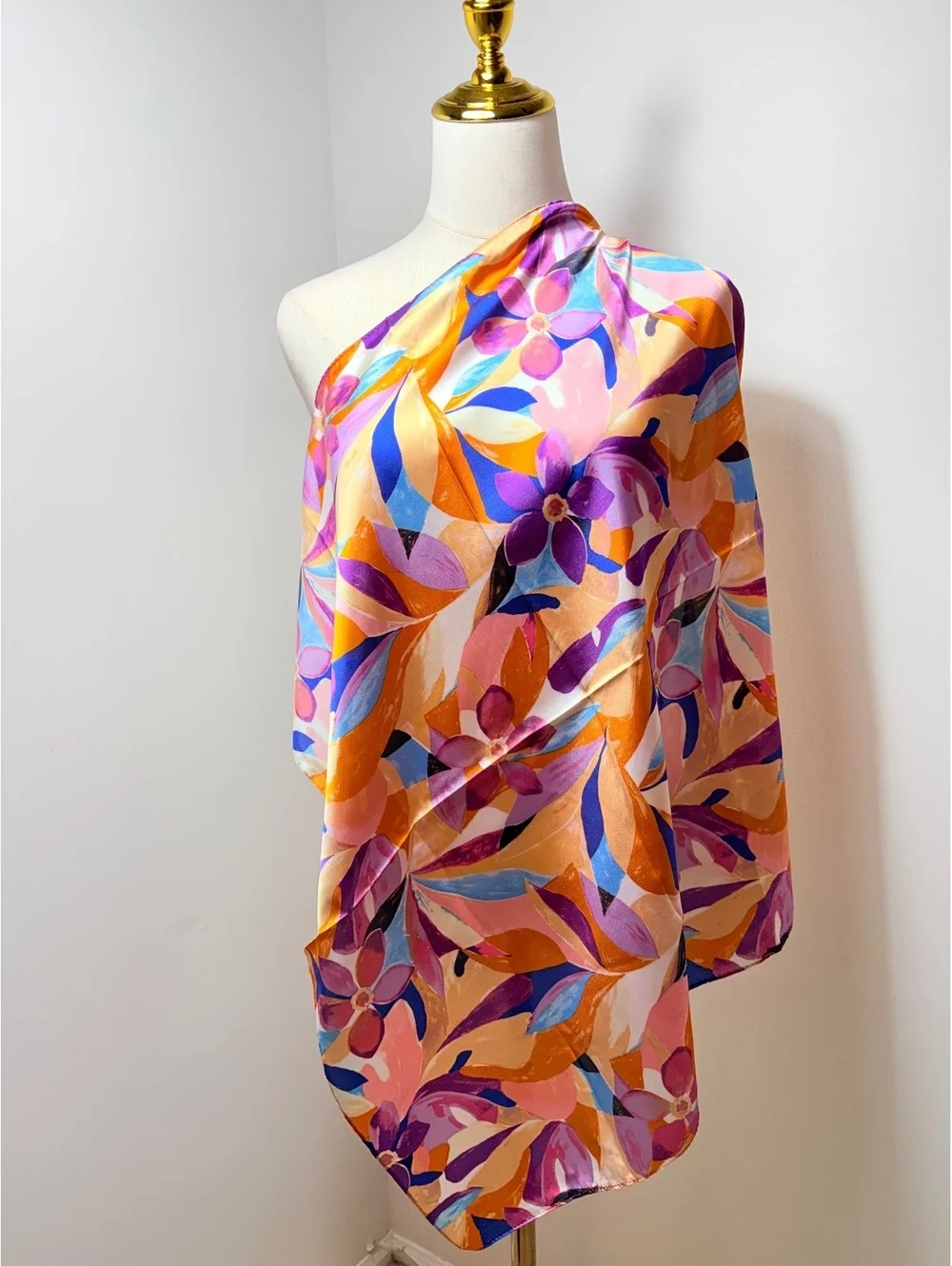 Colorful Floral Pattern Scarf with Orange, Pink, Blue, and Purple Leaves